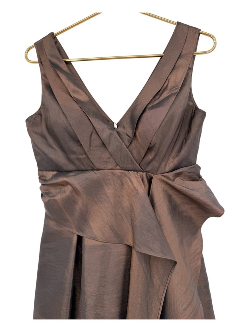 Bill Levkoff Metallic Bronze Brown Cocktail Dress Side Sash V-Neck Size 8 - Picture 4 of 8